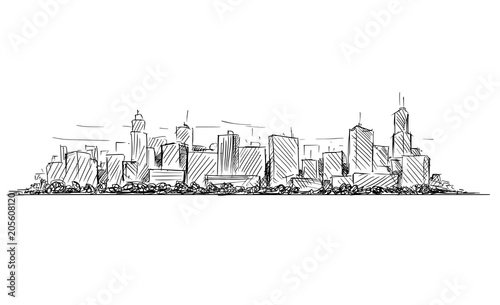 Vector artistic sketchy pen and ink drawing illustration or sketch of generic city high rise cityscape landscape with skyscraper buildings.