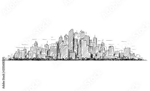 Vector artistic sketchy pen and ink drawing illustration or sketch of generic city high rise cityscape landscape with skyscraper buildings.