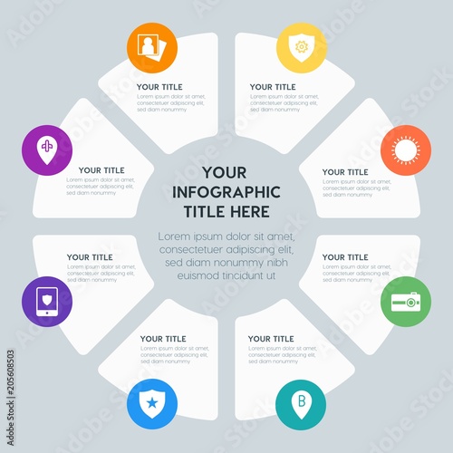 Circle chart location, security, video, photos infographic template with 8 options for presentations, advertising, annual reports