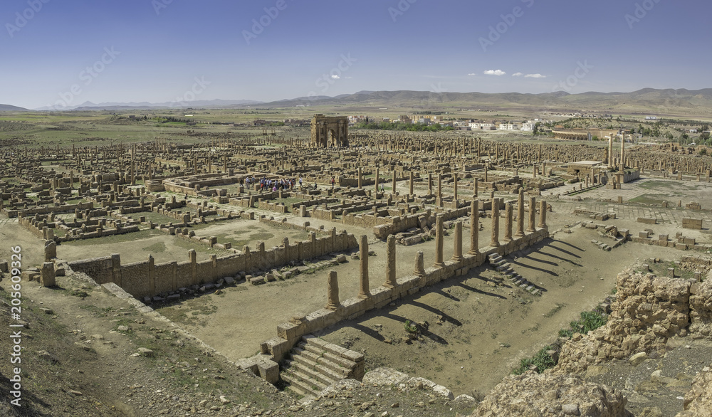 Panorama of Timgad, a Roman-Berber city in the Aures Mountains (Colonia Marciana Ulpia Traiana Thamugadi) seen from theatre, Algeria