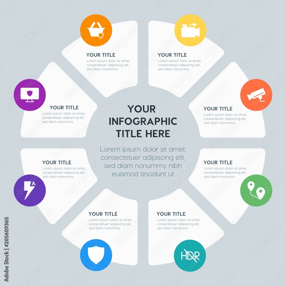 Circle chart location, security, video, photos infographic template with 8 options for presentations, advertising, annual reports Circle chart location, security, video, photos infographic template with 8 options for presentations, advertising, annual reports