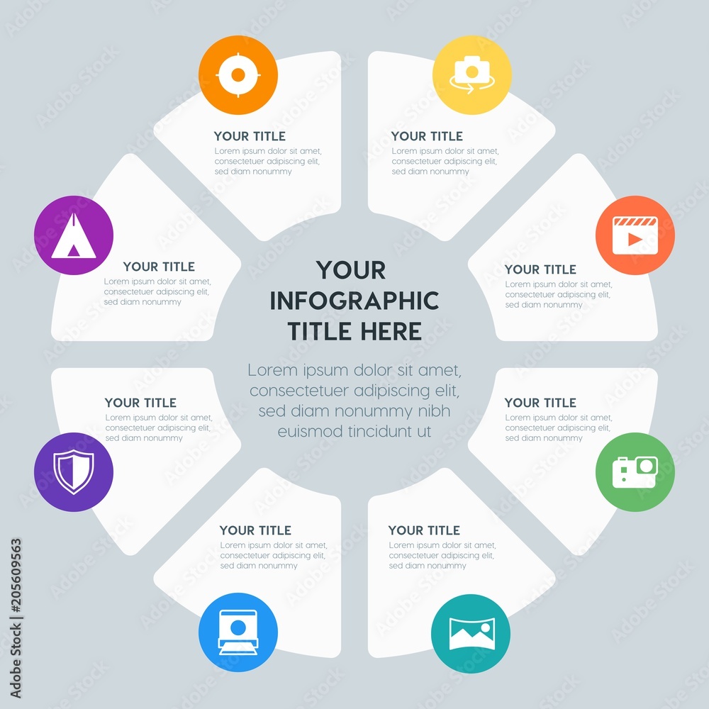 Circle chart location, security, video, photos infographic template with 8 options for presentations, advertising, annual reports Circle chart location, security, video, photos infographic template with 8 options for presentations, advertising, annual reports