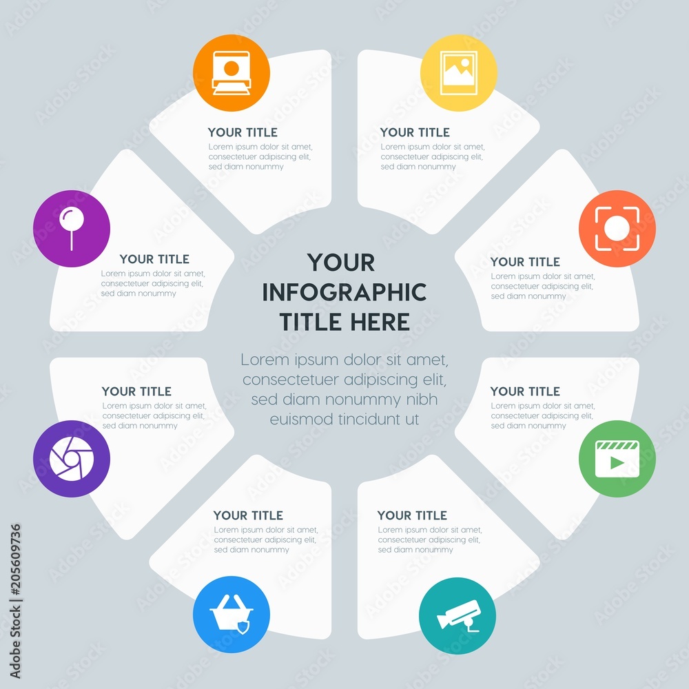 Circle chart location, security, video, photos infographic template with 8 options for presentations, advertising, annual reports