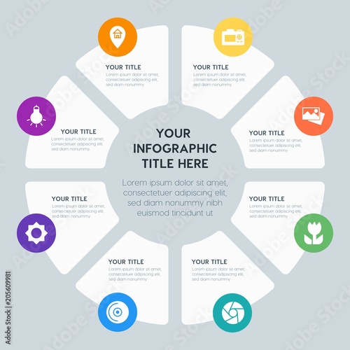 Circle chart location, security, video, photos infographic template with 8 options for presentations, advertising, annual reports