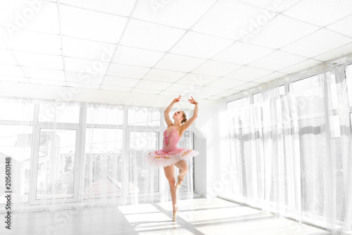 Elegant female ballet dancer in pink tutu practicing and smiling
