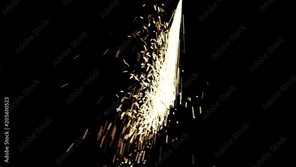 Animated sparks bursting and bouncing toward camera as if cutting or grinding or welding metals. With motion blur and against black background, mask included.