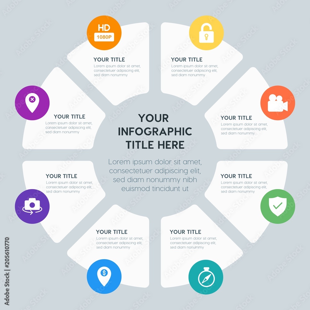 Circle chart location, security, video, photos infographic template with 8 options for presentations, advertising, annual reports Circle chart location, security, video, photos infographic template with 8 options for presentations, advertising, annual reports