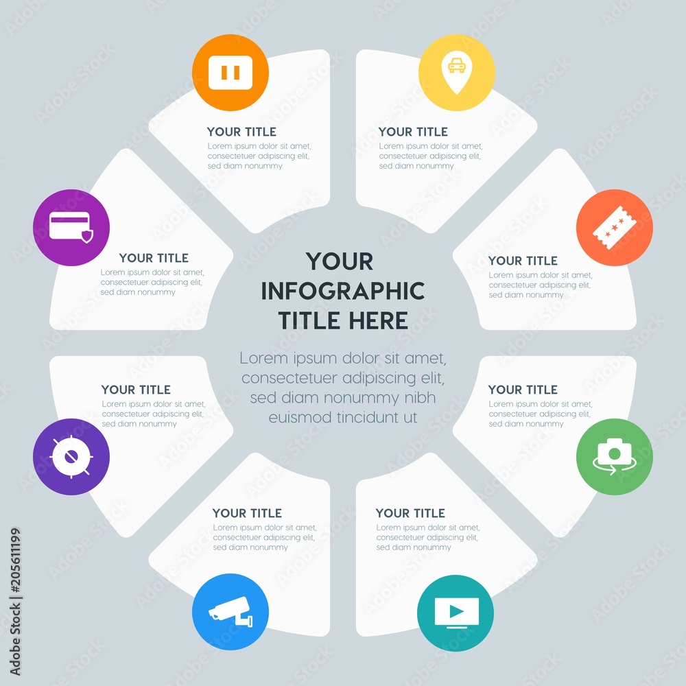 Circle chart location, security, video, photos infographic template with 8 options for presentations, advertising, annual reports Circle chart location, security, video, photos infographic template with 8 options for presentations, advertising, annual reports