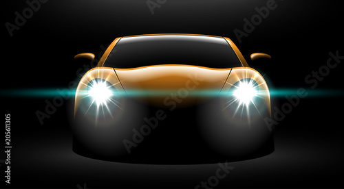 realistic yellow sport car view with unlocked headlights in the dark