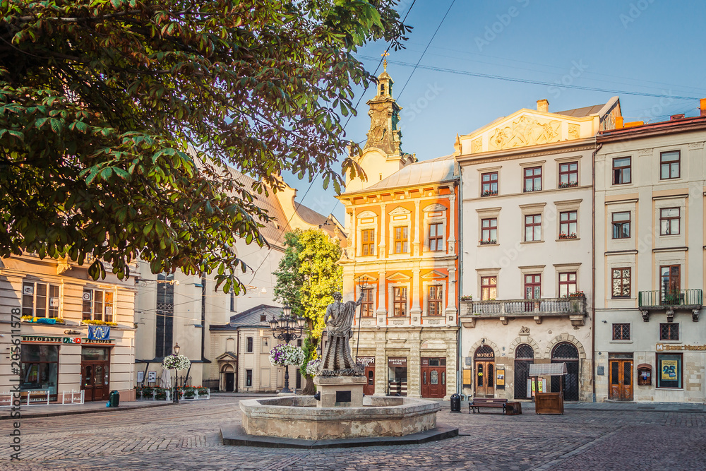 Neptune fountain on Market square in Lviv, Ukraine
