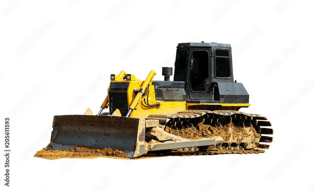 Yellow Excavator bulldozer working on the ground isolated on white background. Yellow Excavator bulldozer working on the ground isolated on white background.
