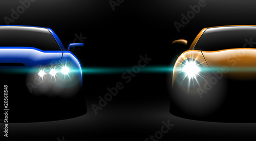 realistic yellow blue two sport car view with unlocked headlights in the dark