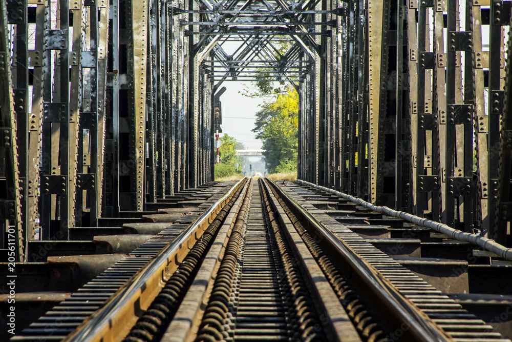 Background and interior details. Perspective Image outdoor in daytime of  The Train railway bridge over the river viaduct. Stock Photo | Adobe Stock