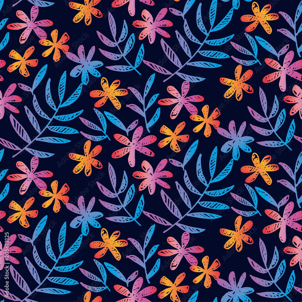 sketched seamless pattern with tropical flowers