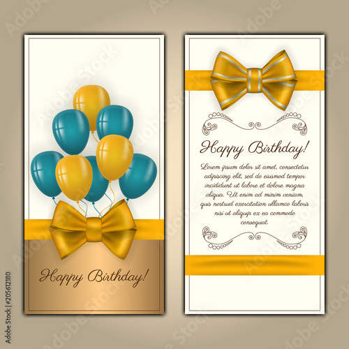 Colorful vector birthday card with text space. Decorated with ribbon, bow and balloons on light background.