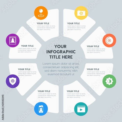 Circle chart location, security, video, photos infographic template with 8 options for presentations, advertising, annual reports