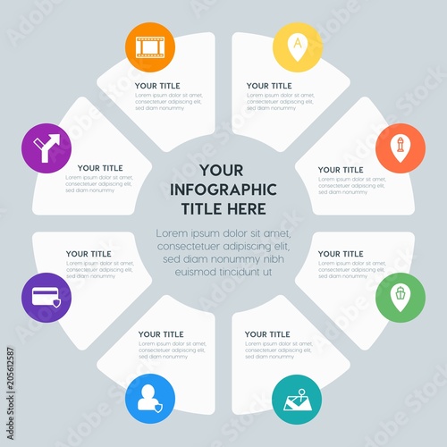 Circle chart location, security, video, photos infographic template with 8 options for presentations, advertising, annual reports