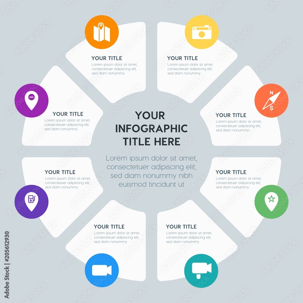Circle chart location, security, video, photos infographic template with 8 options for presentations, advertising, annual reports Circle chart location, security, video, photos infographic template with 8 options for presentations, advertising, annual reports
