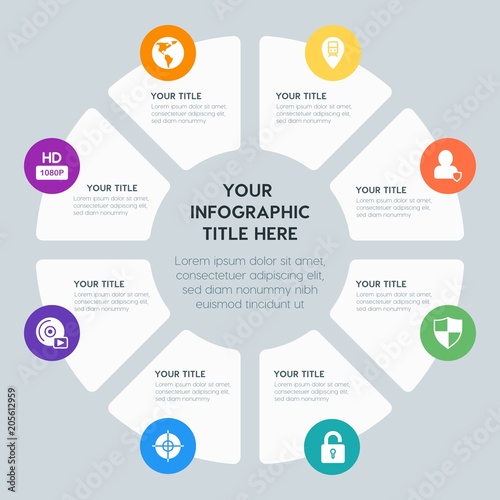 Circle chart location, security, video, photos infographic template with 8 options for presentations, advertising, annual reports