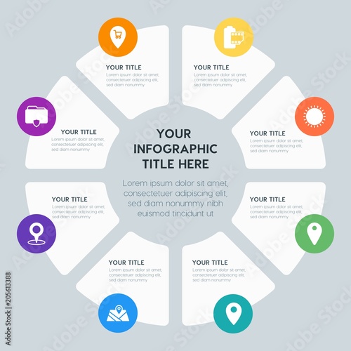 Circle chart location, security, video, photos infographic template with 8 options for presentations, advertising, annual reports