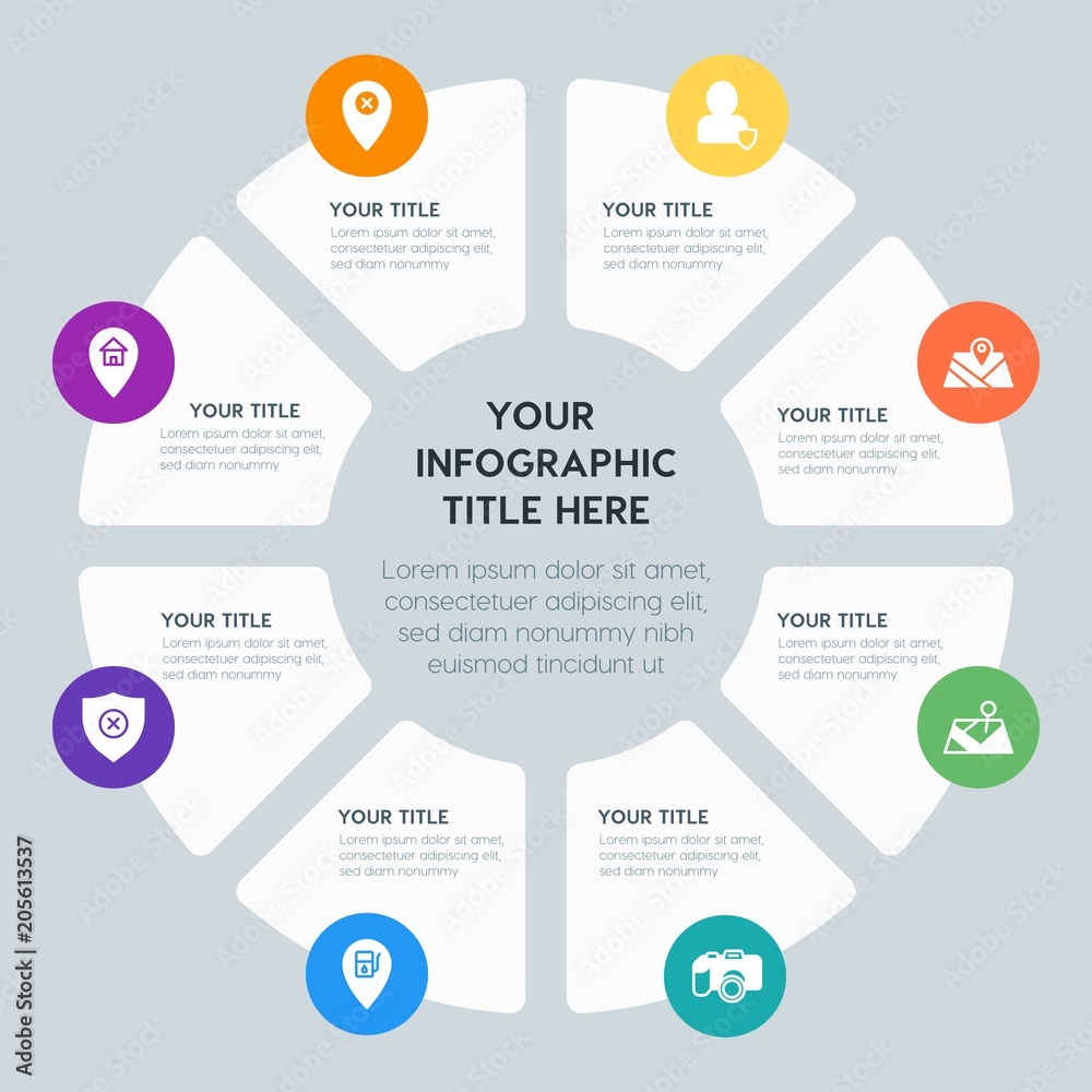 Circle chart location, security, video, photos infographic template with 8 options for presentations, advertising, annual reports Circle chart location, security, video, photos infographic template with 8 options for presentations, advertising, annual reports