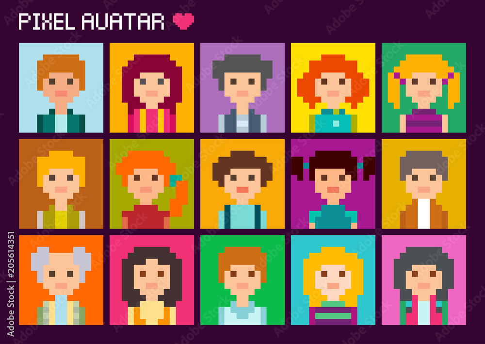 Collection of cute square avatars in pixel style. Male and female character. Collection of cute square avatars in pixel style. Male and female character.
