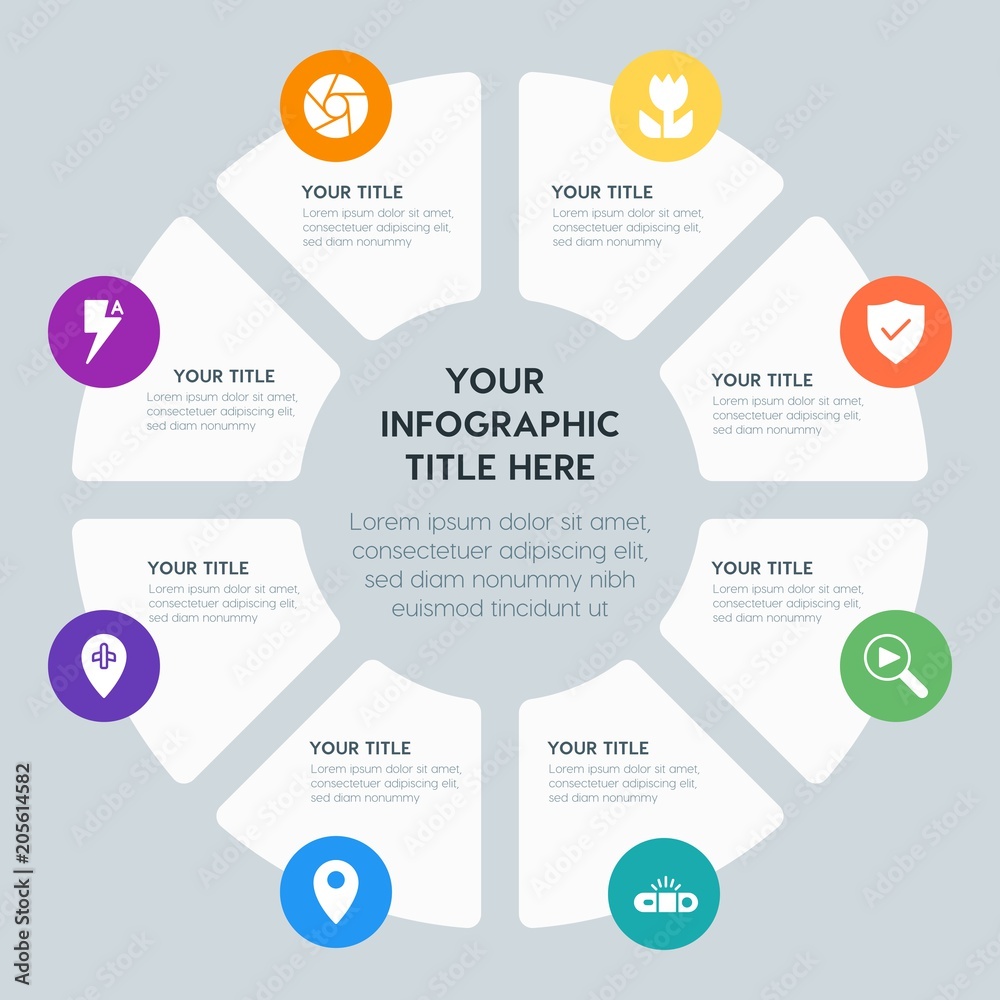 Circle chart location, security, video, photos infographic template with 8 options for presentations, advertising, annual reports Circle chart location, security, video, photos infographic template with 8 options for presentations, advertising, annual reports