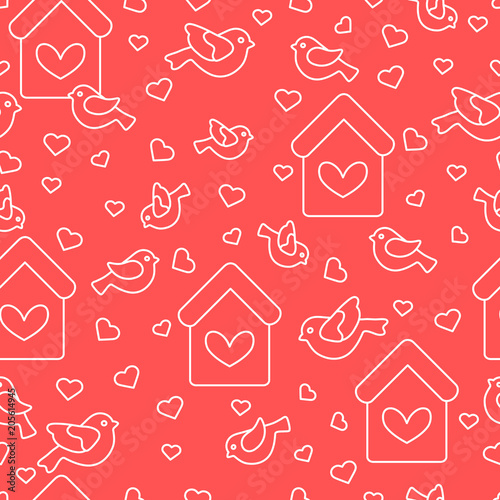 Seamless pattern with birds, birdhouses and hearts