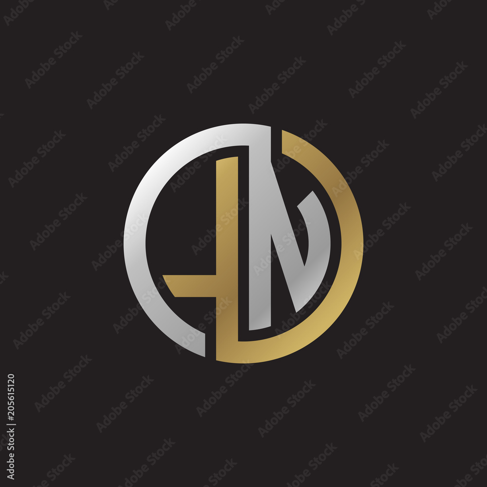 Initial letter LN, looping line, circle shape logo, silver gold color on black background