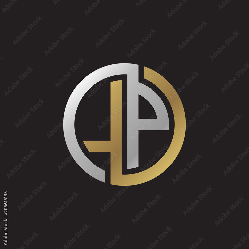 Initial letter LP, looping line, circle shape logo, silver gold color on black background Initial letter LP, looping line, circle shape logo, silver gold color on black background