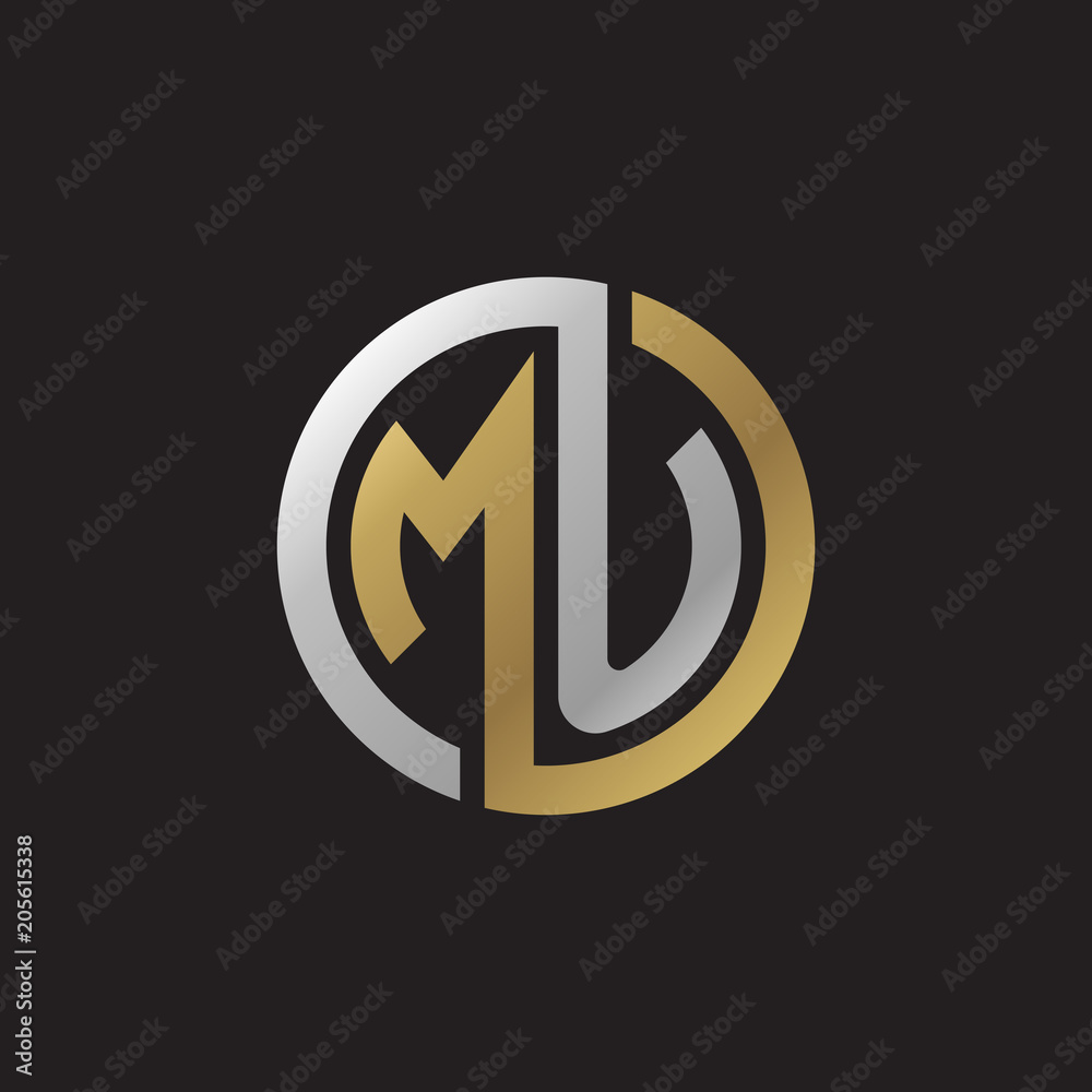 Initial letter MU, looping line, circle shape logo, silver gold color on black background Initial letter MU, looping line, circle shape logo, silver gold color on black background