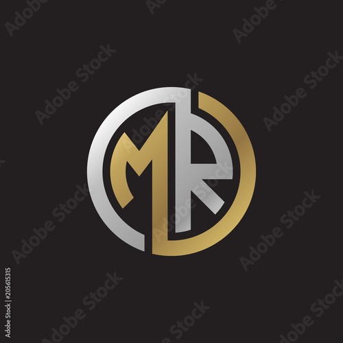 Initial letter MR, looping line, circle shape logo, silver gold color on black background