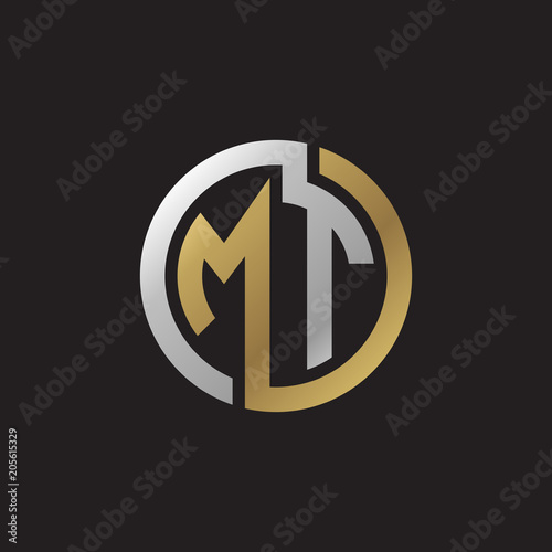 Initial letter MT, looping line, circle shape logo, silver gold color on black background photo