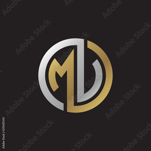 Initial letter MV, MU, looping line, circle shape logo, silver gold color on black background