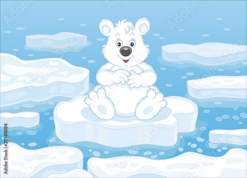 Polar bear sitting on a drifting ice floe in an arctic sea, vector illustration in a cartoon style