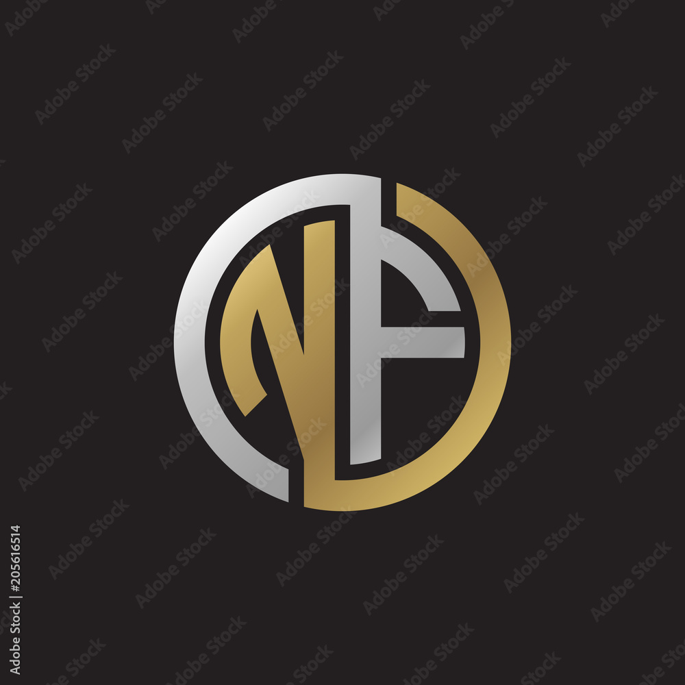 Initial letter NF, looping line, circle shape logo, silver gold color on black background Initial letter NF, looping line, circle shape logo, silver gold color on black background