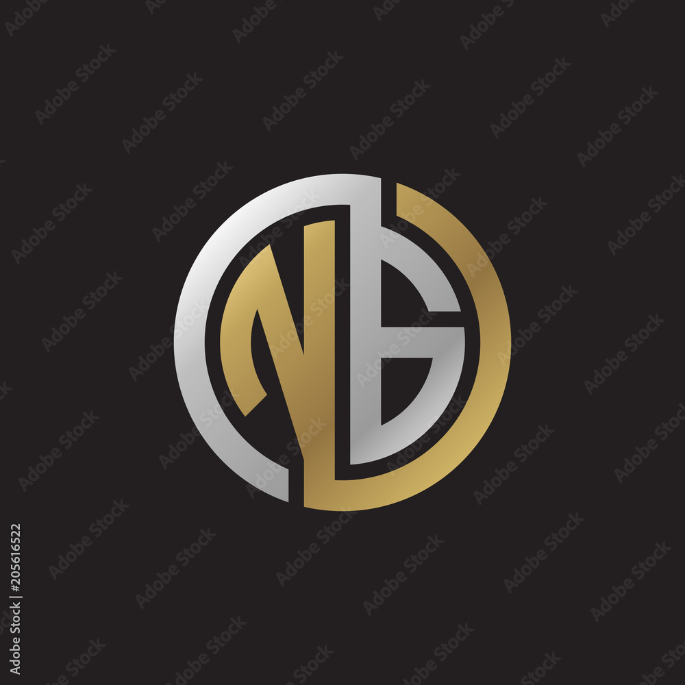 Initial letter NG, looping line, circle shape logo, silver gold color on black background Initial letter NG, looping line, circle shape logo, silver gold color on black background