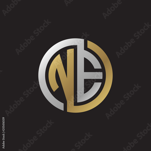 Initial letter NE, looping line, circle shape logo, silver gold color on black background