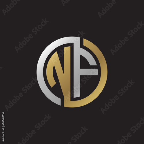 Initial letter NF, looping line, circle shape logo, silver gold color on black background