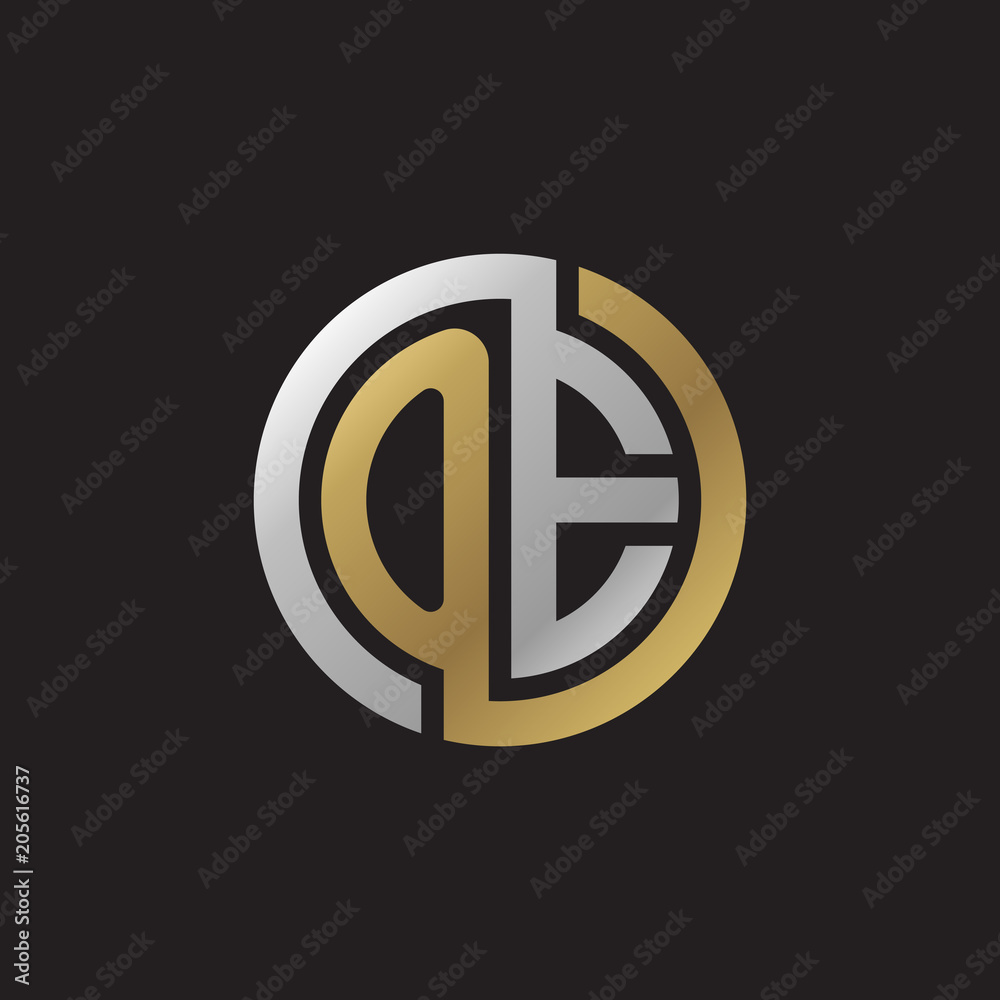 Initial letter OE, looping line, circle shape logo, silver gold color on black background Initial letter OE, looping line, circle shape logo, silver gold color on black background