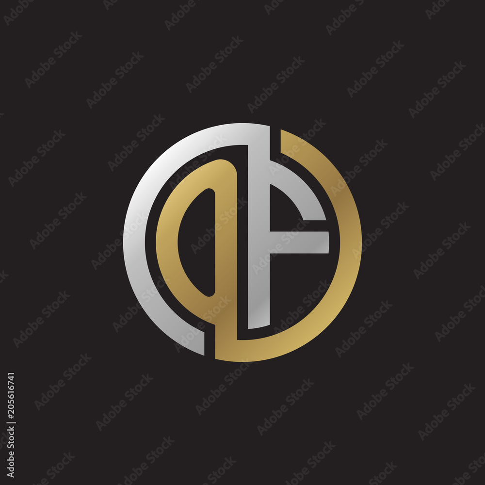 Initial letter OF, looping line, circle shape logo, silver gold color on black background