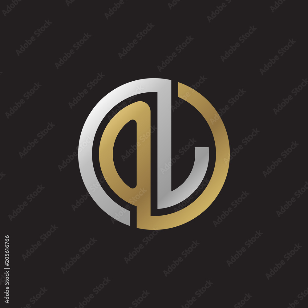 Initial letter OJ, OL, looping line, circle shape logo, silver gold color on black background Initial letter OJ, OL, looping line, circle shape logo, silver gold color on black background