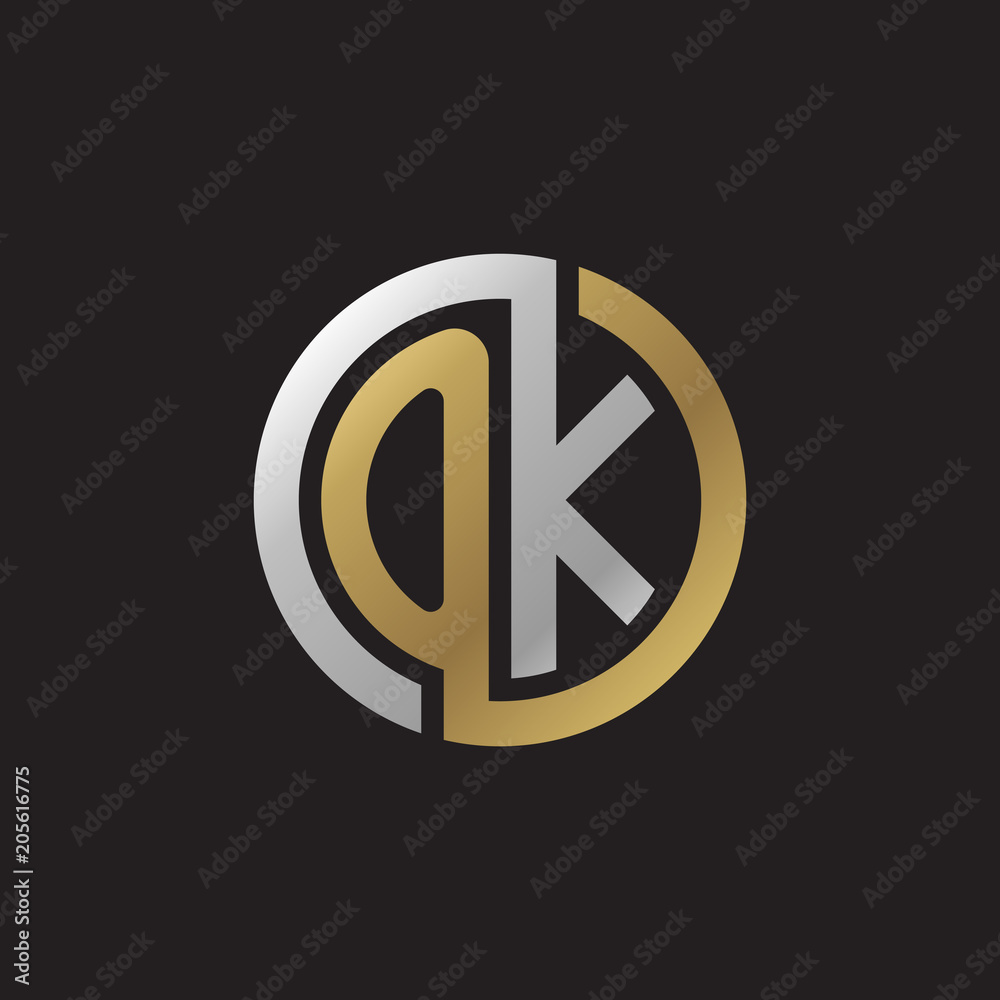Initial letter OK, looping line, circle shape logo, silver gold color on black background Initial letter OK, looping line, circle shape logo, silver gold color on black background