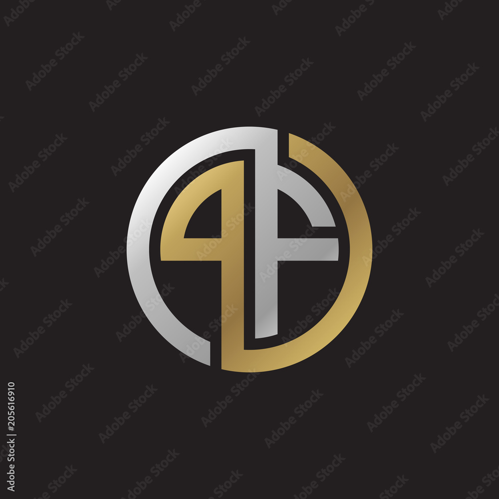 Initial letter PF, looping line, circle shape logo, silver gold color on black background Initial letter PF, looping line, circle shape logo, silver gold color on black background
