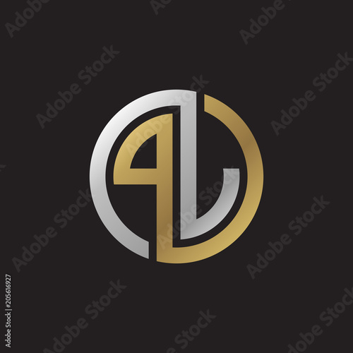 Initial letter PJ, PL, looping line, circle shape logo, silver gold color on black background