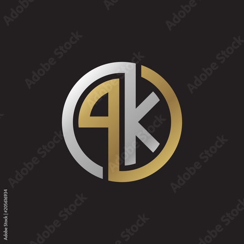 Initial letter PK, looping line, circle shape logo, silver gold color on black background