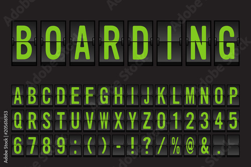 Airport Mechanical Flip Board Panel Font - Green Font on Dark Background Vector Illustration