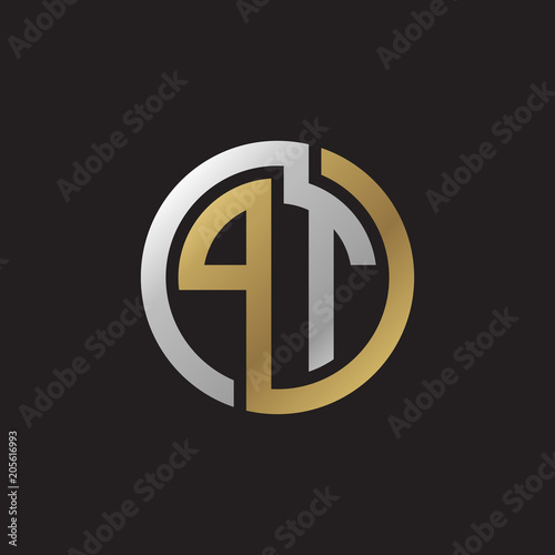 Initial letter PT, looping line, circle shape logo, silver gold color on black background