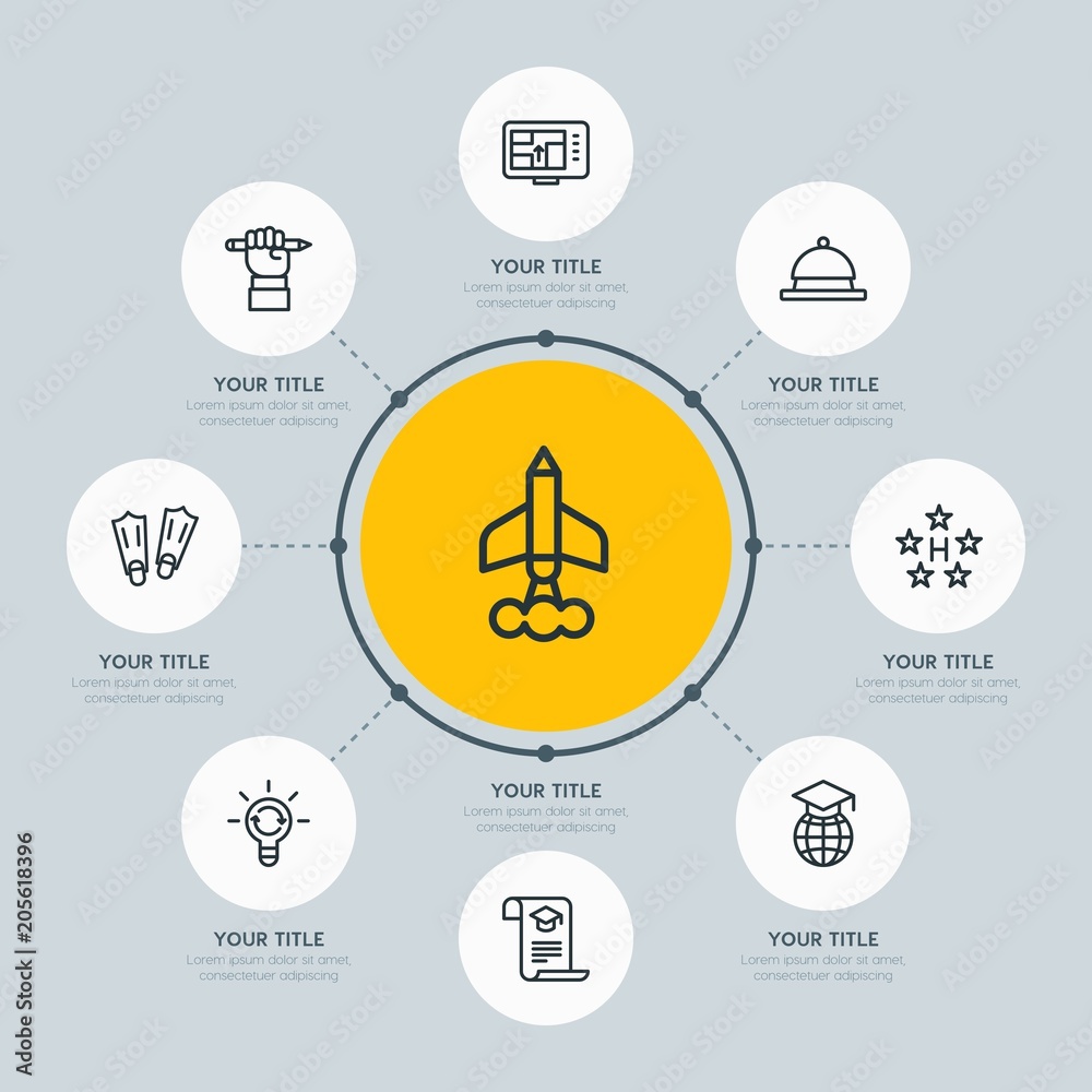 Circle network chart hotel, education, travel infographic template with 8 options for presentations, advertising, annual reports. Circle network chart hotel, education, travel infographic template with 8 options for presentations, advertising, annual reports.