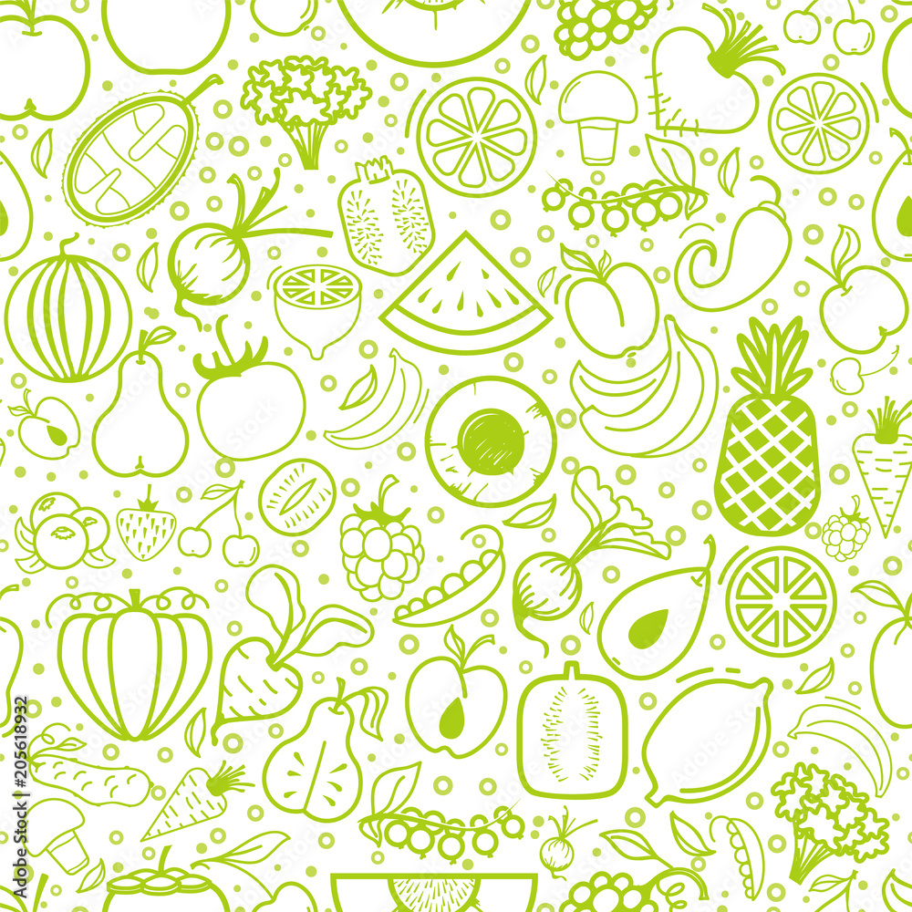 Fruits and vegetables seamless pattern, vegetarian set, isolated vector icons.